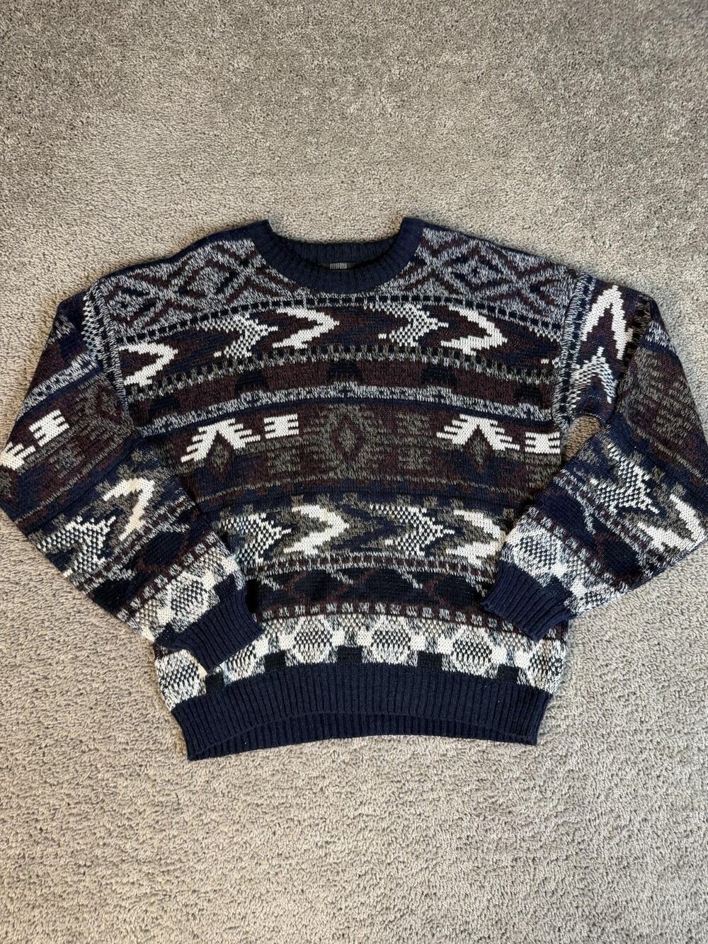 Vintage Expressions Sweater Mens L Fair Isle Chunky-Knit Acrylic Pullover 90s